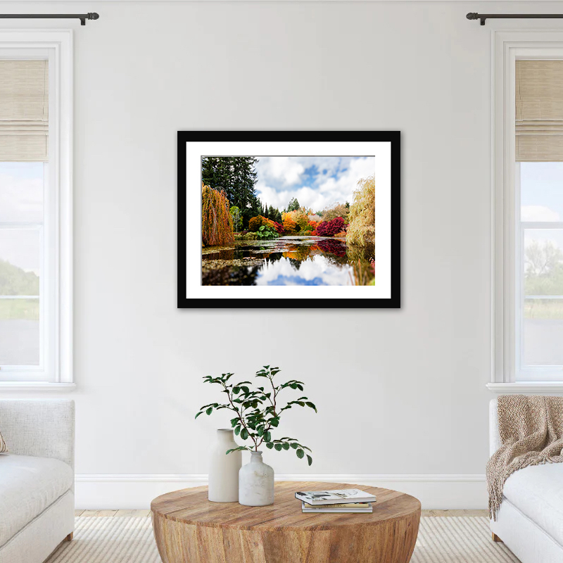 Adorn your space with this peaceful imagery of a serene pond in Vancouver, surrounded by the vivid hues of nature, offering a retreat for the eyes.