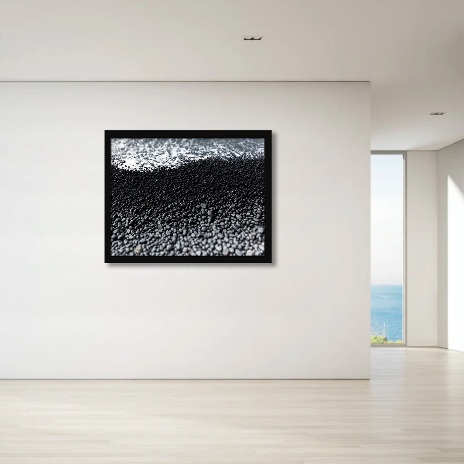 Discover the contrast of dry pebbles, the wet and the white surf in this depiction of the Oregon coast