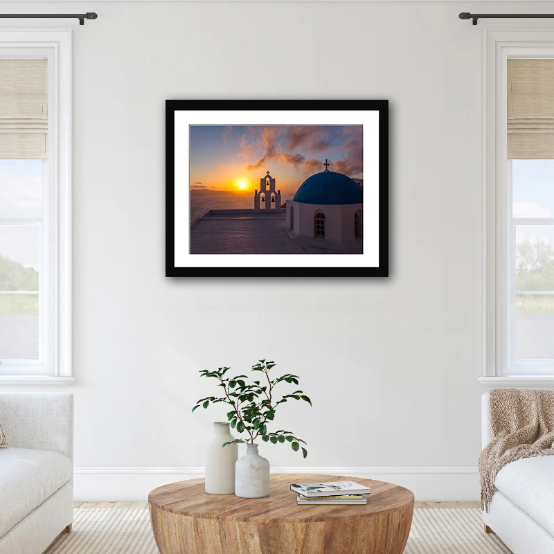 Santorini chapel at sunset with ocean view